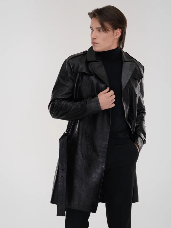 VANTAGE – Crocodile-Texture Leather Trench Coat
