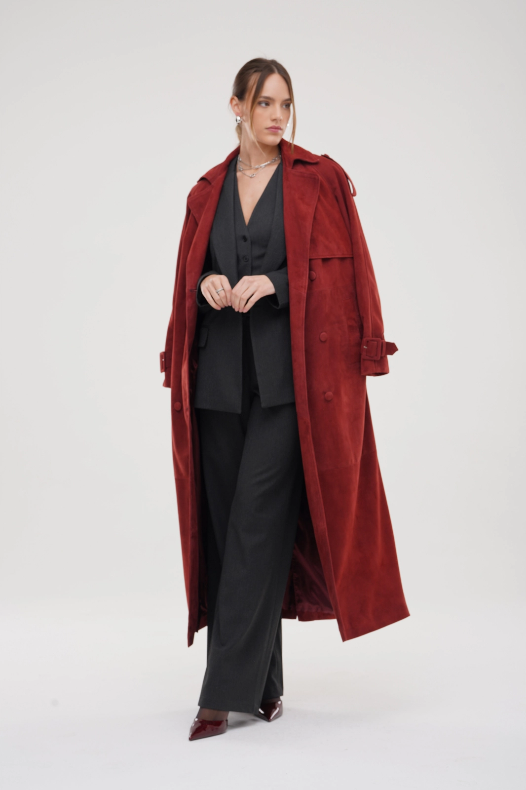 FREQUENCY – Double-Breasted Suede Trench Coat