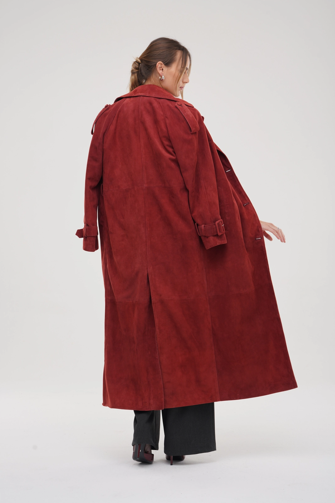 FREQUENCY – Double-Breasted Suede Trench Coat